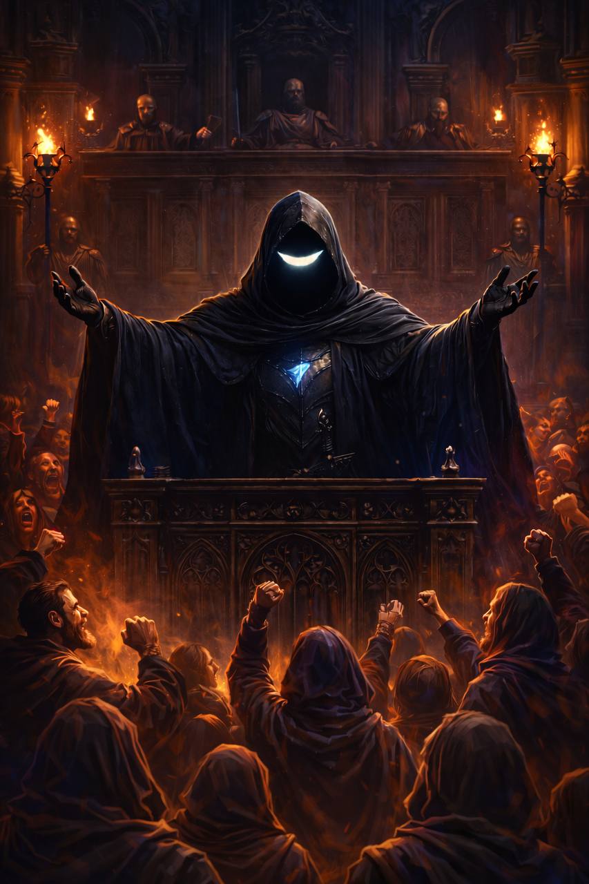 $HUMN cloaked figure presiding over a torchlit crowd