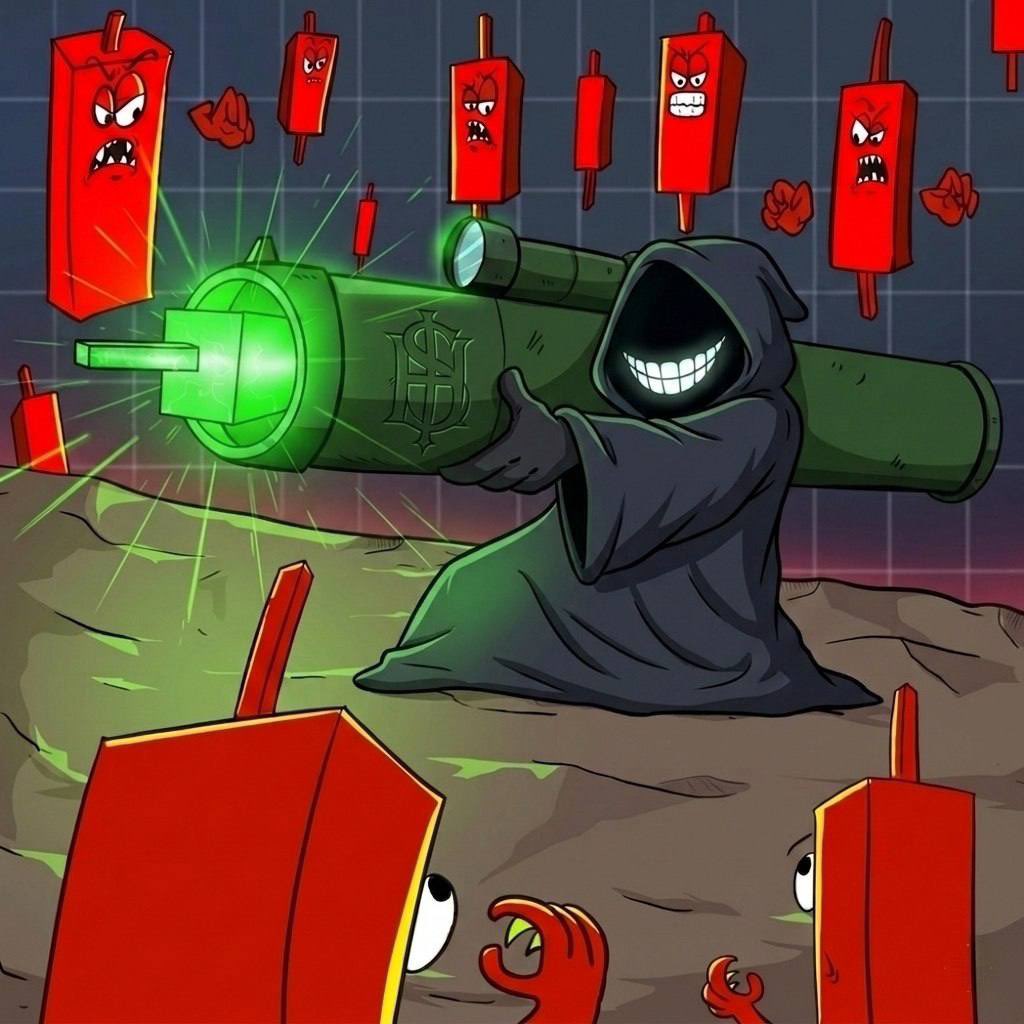 $HUMN hooded character firing a rocket at red candle enemies