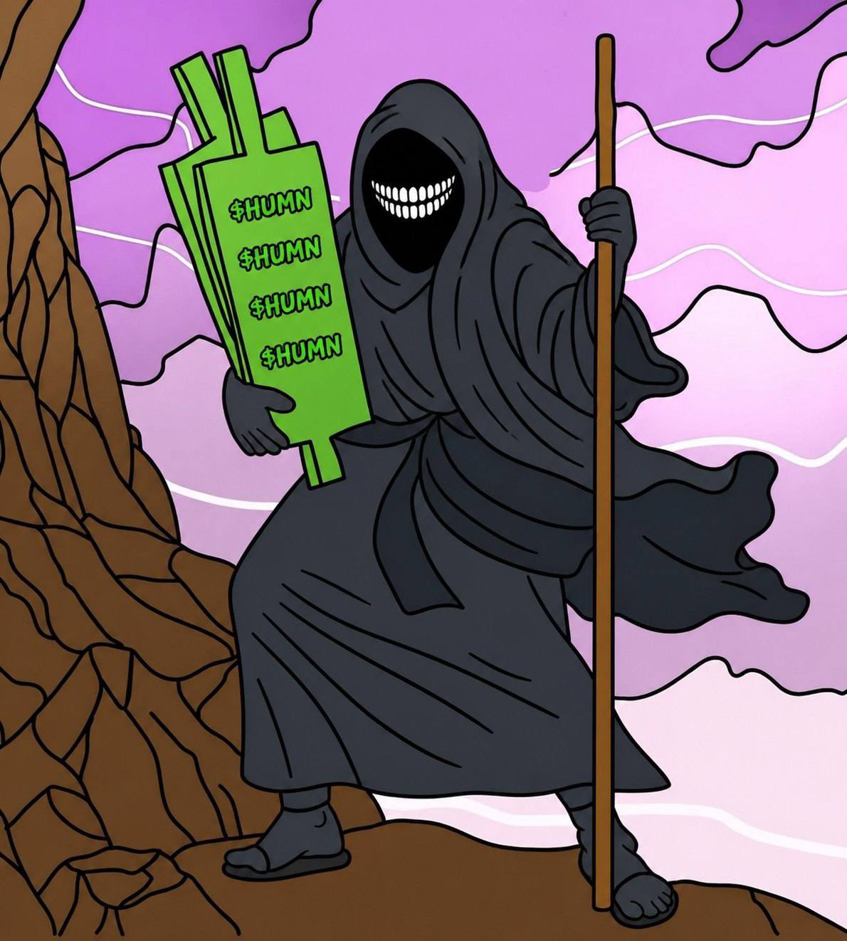 $HUMN traveler holding a stack of green $HUMN bills