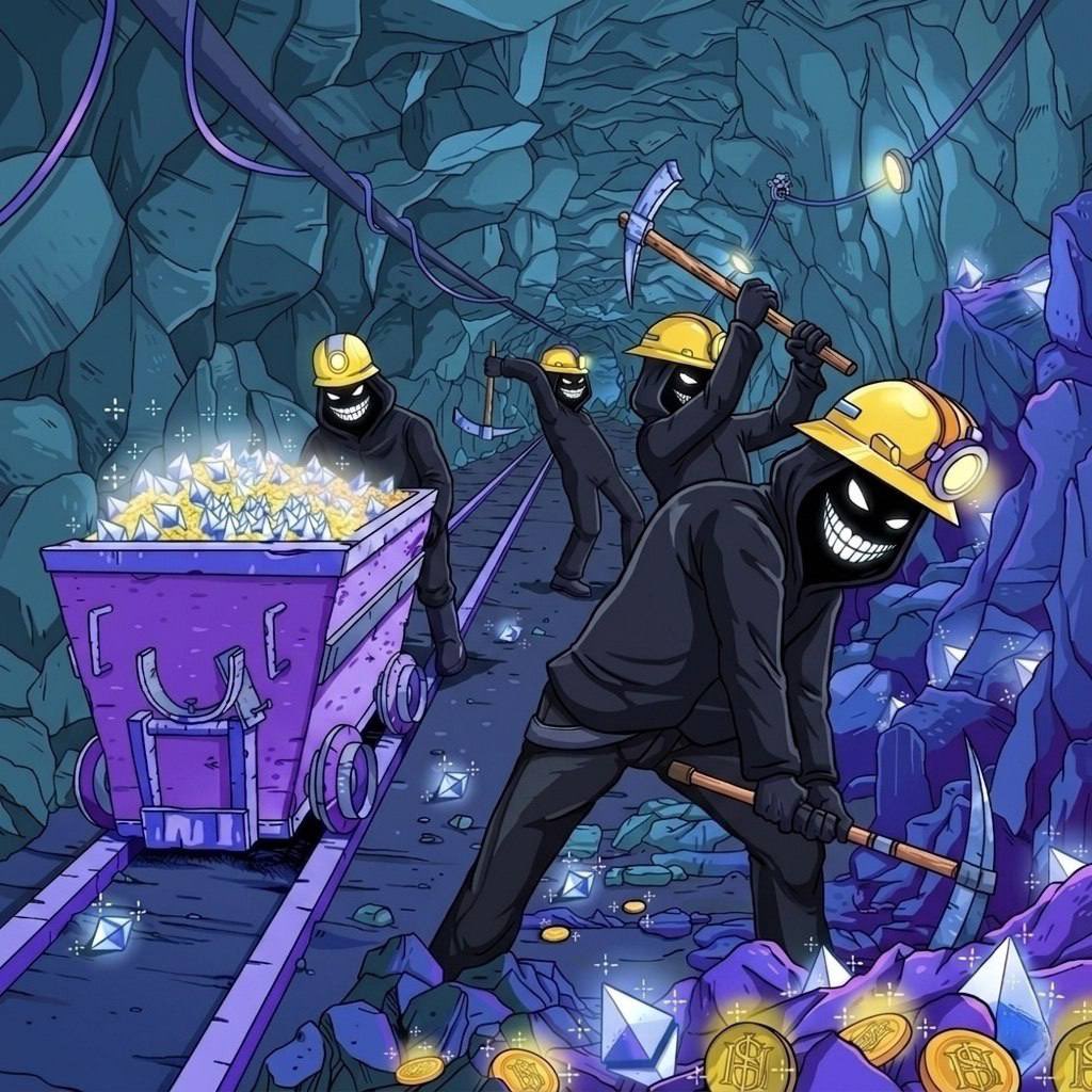 $HUMN miners extracting gem-coins from a crystal mine
