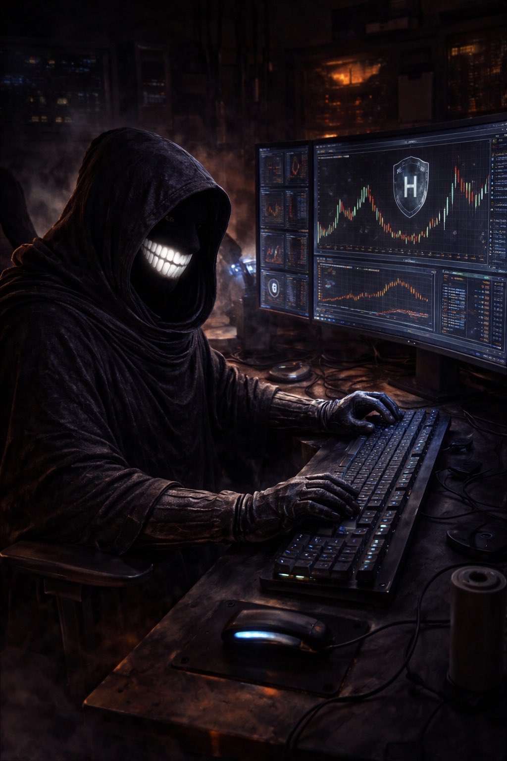 $HUMN figure at a multi-monitor trading desk