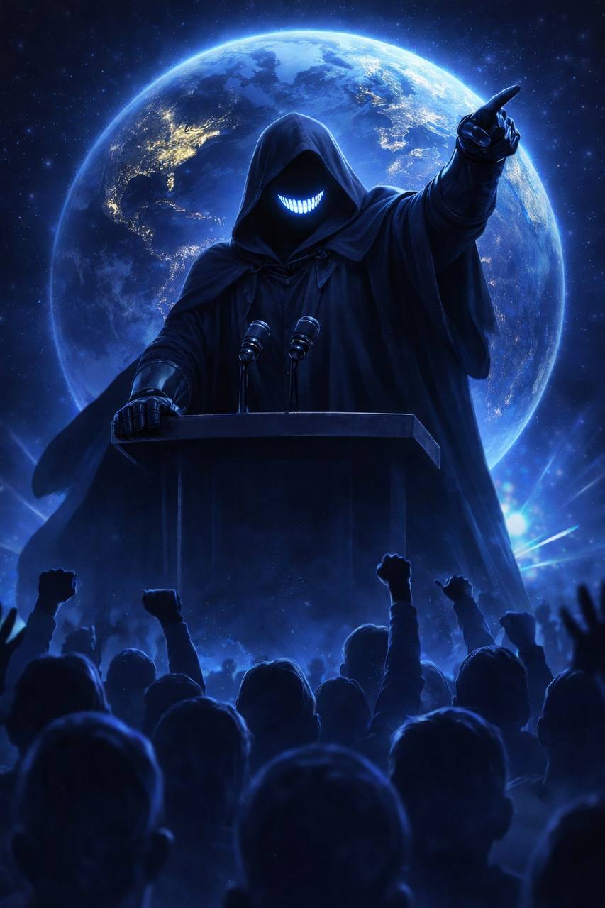 $HUMN orator at a podium with Earth behind, crowd cheering