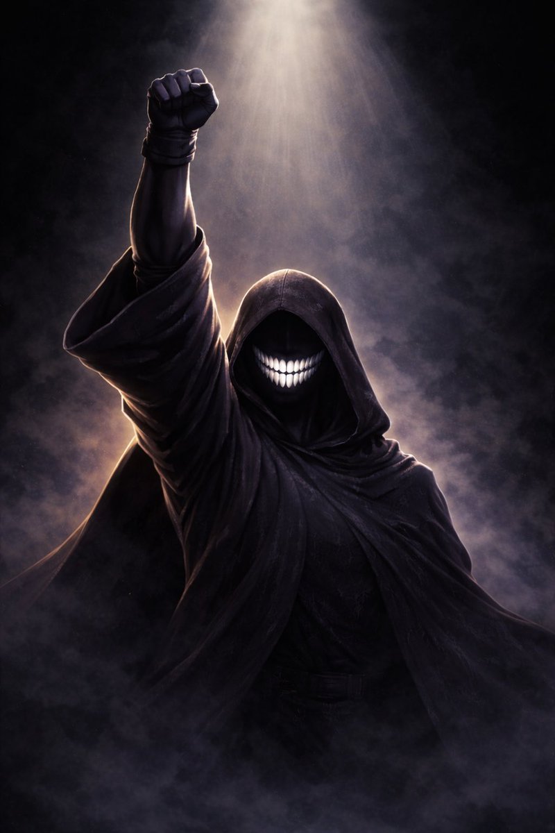 $HUMN hooded figure raising a fist in a beam of light